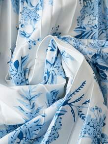 女士印花圆领百褶下摆系带无袖连衣裙 - 白色 - 查看 4