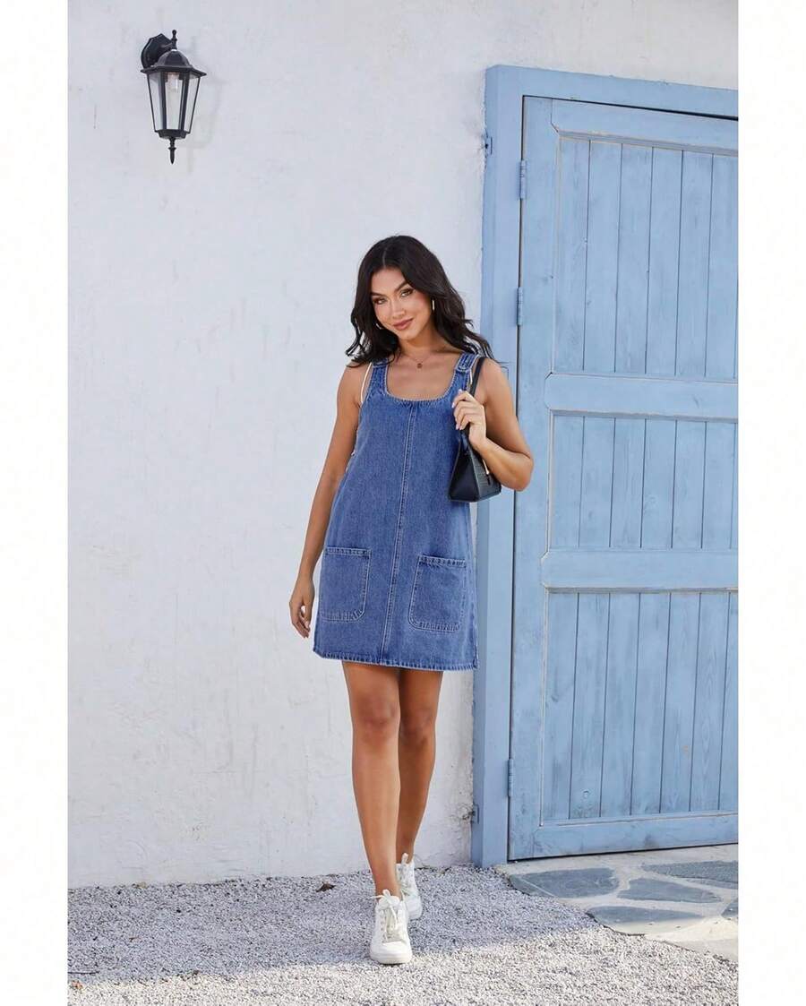 Womens Adjustable Strap Denim Overalls Loose Pure Color Dress Sleeveless Jeans Dress With Pockets And Button - 藍色 - 查看 1