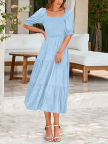 Women's Summer Casual Mid-Length Dress Square Collar Puffed Sleeve Ruffles A-Line Flower Elegant Bohemian Style Dress - 淺藍色 - 查看 6