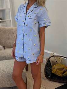 Women Bear/Lemon Striped Pajama Sets Lapel Neck Short Sleeve Button-Up Tops Elastic Waist Shorts Pjs Sets Sleepwear Loungwear - Màu xanh lam - Xem 6