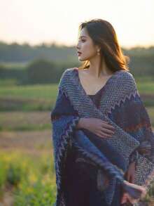 1pc Women's Fashion Multi-Color Wavy Pattern Bohemian Style Knitted Windproof Warm Tassel Shawl Poncho, Suitable For Daily, Travel, Shopping Outings (May Have A Stimulating Odor, Which Is Normal. After Receiving, Can Be Aired Outside) For Dress - Multicolor - View 7