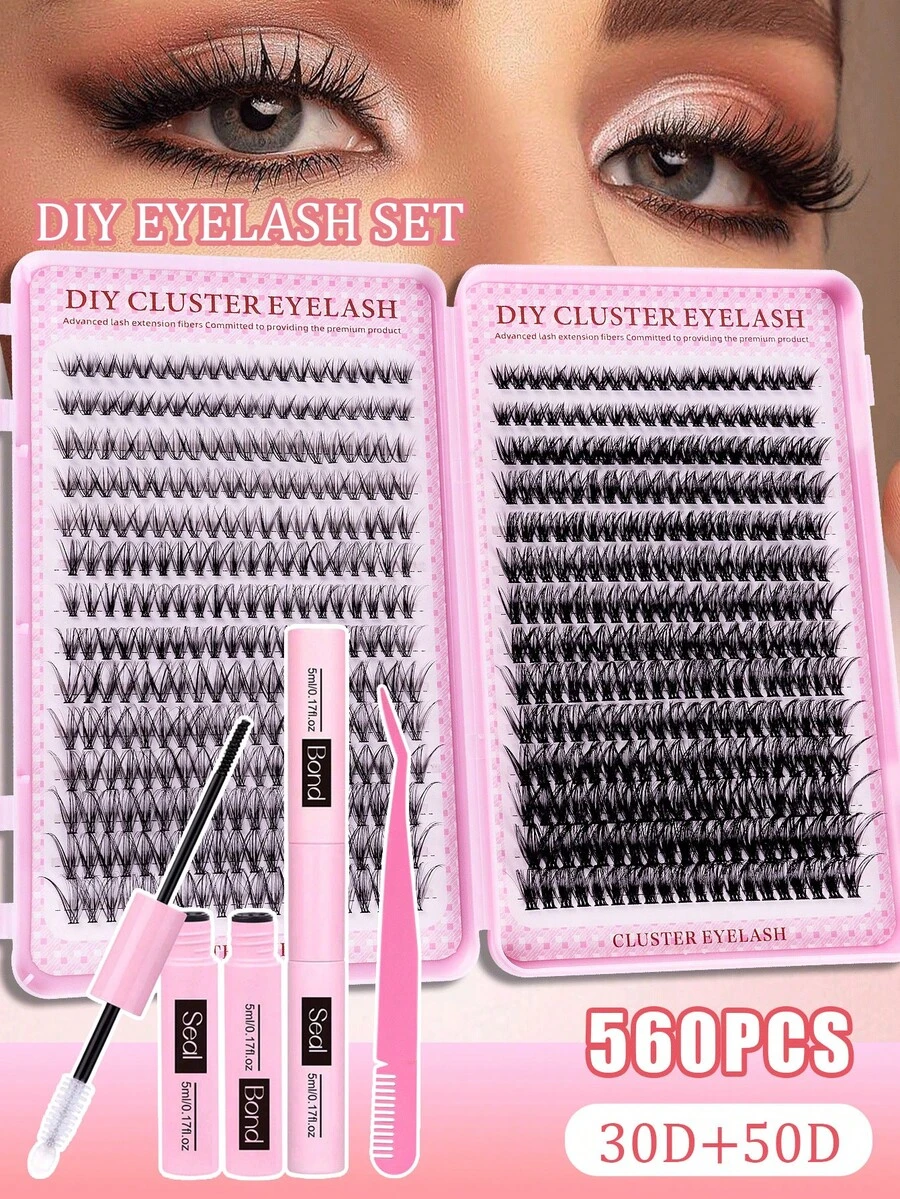 560pcs/Pack Single Cluster False Eyelashes, High Capacity, 30D+50D/40D+80D/60D+80D D-Curl Voluminous, 9-16mm, DIY Eyelash Clusters, Natural Look, Thick & Long, Ultra Soft & Lightweight, Reusable, Single Strand Segmented False Lashes, Eyelash Extension Kit Includes Makeup Tools, Adhesive, Sealant & Tweezers, Suitable For Home Or Outdoor Use, Applicable For Daily Life, Wedding, Date, Party, Music Festival, Halloween, Etc. - 黑色 - 查看 1