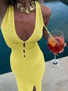 Abito lungo estivo da donna casual e alla moda, stile vacanza, monocromatico, vita aderente, orlo con spacchi e trasparenze, senza maniche, scollo a V. Abbigliamento da spiaggia donna, abiti lunghi da donna con schiena scoperta e spalline.
