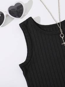 3pcs/Set Young Girls Floral Print + Solid Ribbed Sleeveless Simple Jumpsuit - Hot Pink - View 4