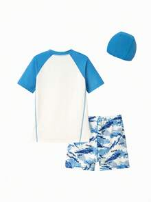 Balabala Boys' 2 Pieces Swimsuit, Chlorine-Resistant & UV Protection - White and Blue - View 5