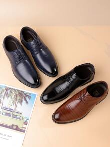 1 Pair Men's British Style Comfortable Casual Pointed Toe Lace-Up Breathable Leather Shoes, New Fashion Versatile Soft Bottom Dress Shoes, Black, Blue, Brown Colors