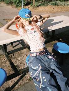 复古美式字母印花短袖T恤，性感修身短款圆领上衣 - 白色 - 查看 4