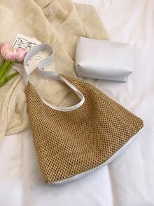 Bolso de hombro de gran capacidad de paja con bolsillo pequeño, adecuado para la playa, turismo y vacaciones