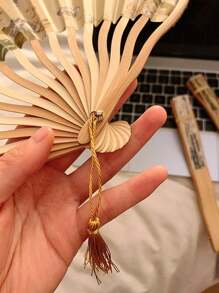 1pc Traditional Ink Painting Hand Fan, Retro Classical Style, Handheld Bamboo Fabric Fan, Portable Vintage Cheongsam Accessory, Elegant Floral Pattern With Tassels, Home Decor And Personal Use