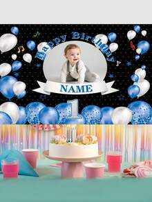 1 pieza Pancarta de Feliz Cumpleaños Personalizable, Tela de Fondo para Fiesta con Globo Azul y Foto/Nombre del Niño, Decoraciones Personalizadas para Baby Shower, Adecuado para Reunión Familiar, Boda, Cumpleaños, Otoño, Entrada, Decoración de Habitación, Reutilizable, Juego de Baby Shower, Estético - Globos azules - Ver 3