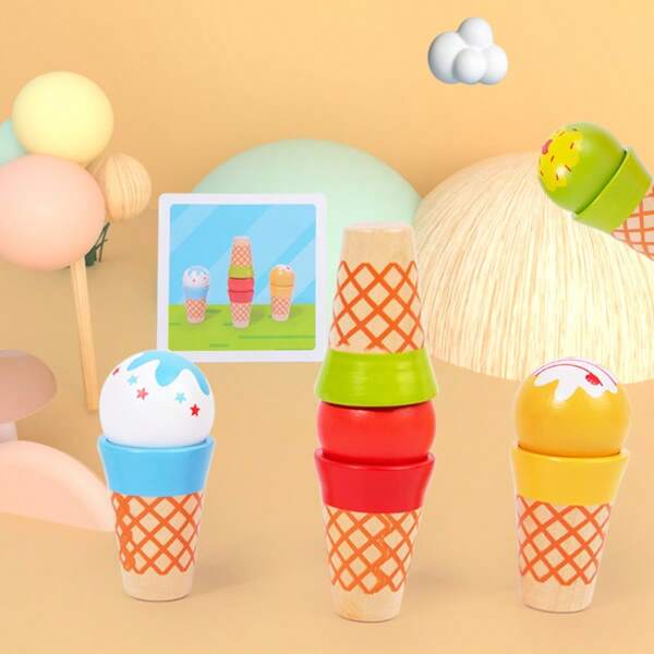 Holz Eiscremetoy Set Montessori Rollenspiel Simulation Lebensmittel Küchenspielzeug Farbwahrneh mung Stapelspielzeug für Kinder