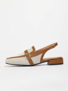 Damen atmungsaktive rückenfreie Mules Flats, Kontrastfarbenes Design mit geschlossener Zehenpartie und niedrigem Absatz, beige Leinenschuhe für Frühling/Sommer - Braun - Übersicht 7