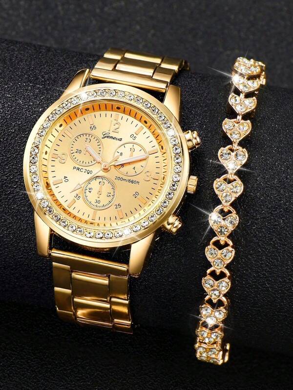 2pcs/Set Women's Casual Business Steel Band 3-Eye Numeric Scale Quartz Wrist Watch + Bracelet