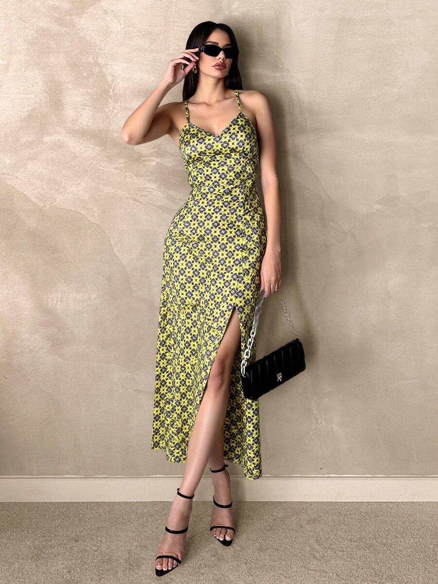 Vestido largo floral satinado escote V tirantes delgados primavera verano calor sensual romántico ajustado cómodo fresco ligero jardín comida fiesta boda evento playa día noche - Amarillo Mostaza - Ver 1