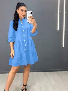 Striped 3/4 Sleeve Dress With Button In Linen - Plain Baby Blue - View 2