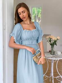 PoPoHouse Women's Dress Summer Vacation Casual Color Contrast Skirt With Ruffled Puffy Sleeves - Blue - View 6