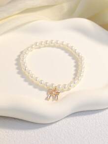 1 pieza Elegante y de moda brazalete con lazo con perla artificial en forma de corazón, adecuado para uso diario o boda