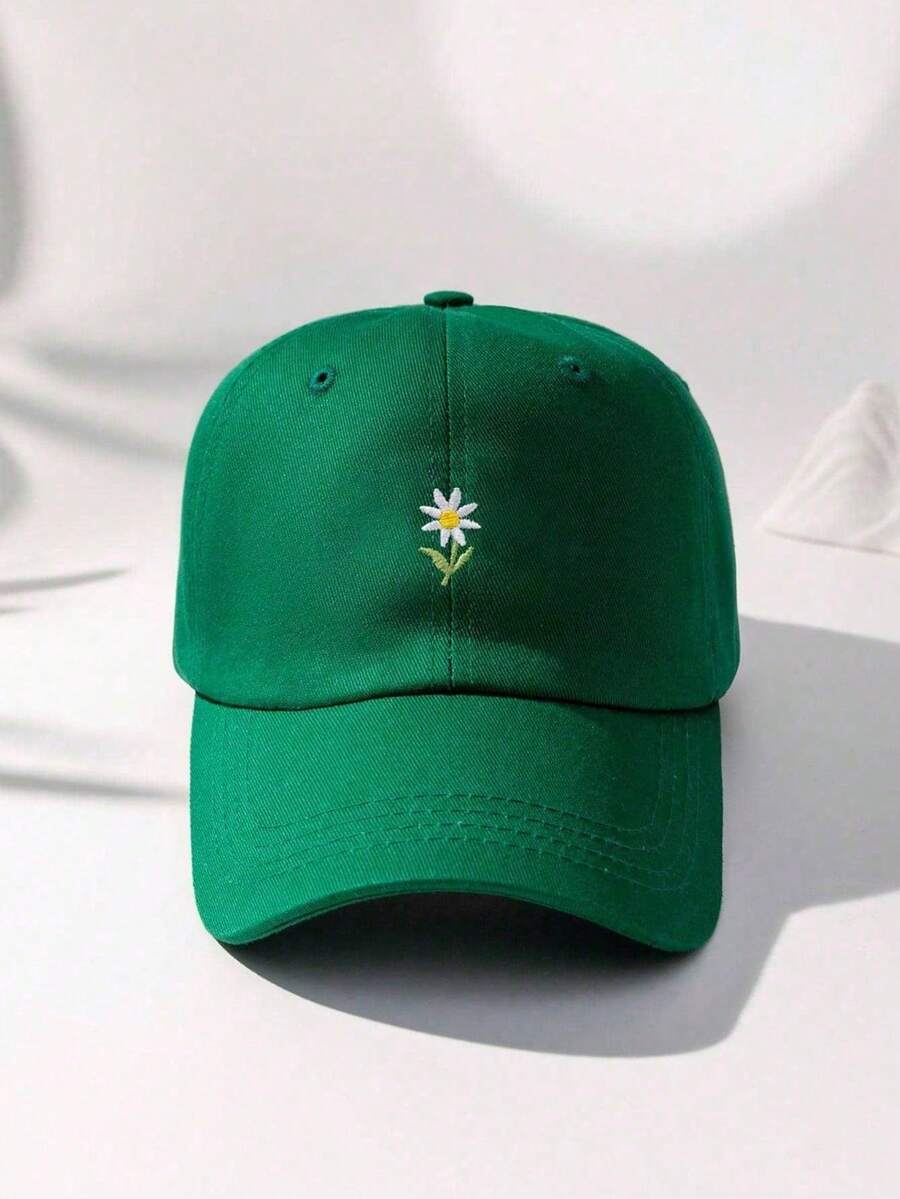 1pc Unisex Y2K Style Embroidered Daisy Baseball Cap, Outdoor Casual Commuting Simple Y2K Snapback Sun Hat For Youth - Olive Green - View 1