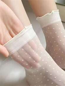 3 Pairs Heart, Dot & Stripe Patterned Sheer Knee High Socks, White, Suitable For Teenage Girls, Summer