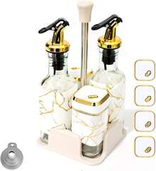 SAEIV Set Of 5 Olive Oil, Vinegar, And Oil Bottles, Salt Shaker With Swivel Lid To Prevent Spills, Oil And Vinegar Dispenser With Leak-Proof Design - Platinum Stripe Oil and Vinegar Bottle - View 2