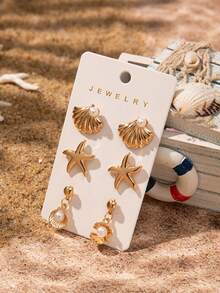 3pairs Golden Color Sea Shell & Starfish Earrings Set, Beach Jewelry For Summer Vacation - Multicolor - View 10