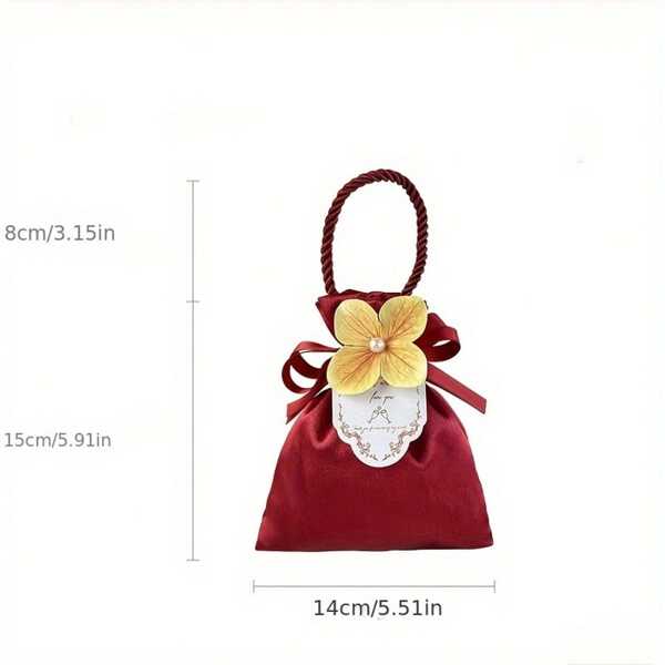 10pcs Decorated Flower & Card Wedding Candy Bags, Satin Fabric Gift Bags, Bridal Wedding Favor Drawstring Candy Boxes Gift Bags