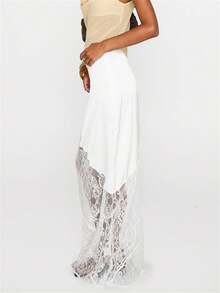 Women's Lace Long Skirts Mid Waist Solid Color Asymmetric Patchwork Midi Skirts Elegant Skirts - trắng - Xem 5