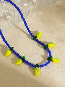 1 件独特的法国浪漫 ZAR 风格黄色手工玻璃柠檬吊坠项链，可爱串珠夏季水果柠檬项链 - 藍色黃檸檬NK - 查看 8