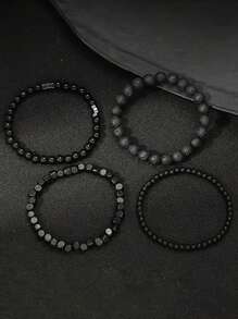 4pcs Vintage Matt Black Beaded Bracelets & Wooden Bead Bracelets For Men - Punk Style, Casual Street Fashion Accessories, Gift For Father's Day