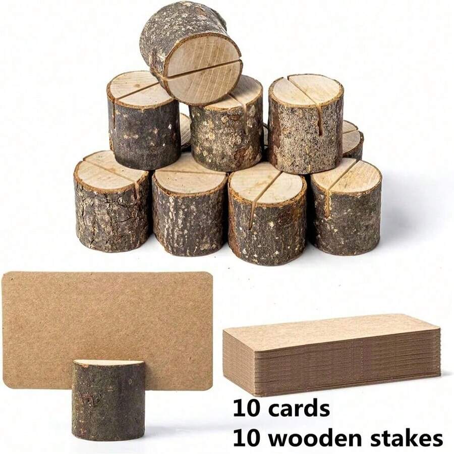 10 Pieces Of Premium Wedding Wooden Place Card Holder Table Number Guides And 10 Pieces Of Kraft Paper Table Place Cards, Rustic Mini Table Number Holder, Table Sign Holder, Business Card Photo Picture Holder Suitable For Weddings, Parties, Birthdays,Christmas - Khaki - View 1