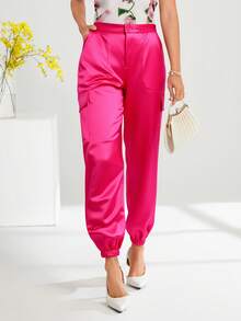 Pantalón Dama Satín Satinado Brilloso Cargo Stretch Pretina Botón Zipper Bolsas Jogger Elástico Cómodo Suave Moda Fashion Calor Primavera Festival Calle Casa - ROSA - Ver 5