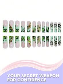 24 piezas Uñas postizas en forma de ataúd con flores teñidas en verde y rhinestones, tamaño largo, con gel de uñas y lima, para mujeres