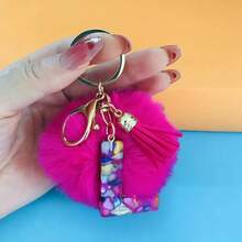 Llavero de letra inicial con pompón de moda para damas, accesorio colgante lindo de peluche, acrílico, llavero, anillo, bolso, mochila, colgante de coche, accesorio de coche, bolso, accesorio escolar, gótico, Y2K, accesorios de Halloween, regalo del Día del Maestro, ideas de regalo de Navidad - Rosa Fucsia - Ver 14