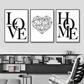 3PCS Love Home Rhinestone Heart Letter Canvas Prints Nordic Modern Living Room Wall Arts Posters Black White Decorative Paintings Home Decor Optional Frame ,Wall Art With Frame