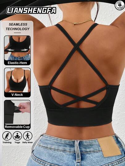 LianShengFa 1pc Backless Criss-Cross Strap High Elasticity Wireless Everyday Bra, Medium Support Seamless Y-Back Sports Bra For Yoga, Breathable & Comfortable