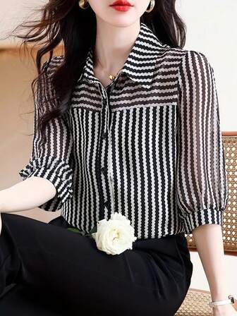 Women's Summer Casual Wavy Stripe Print Semi-Sheer Blouse