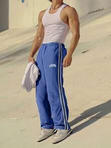 1pc Men's Parallel Bar Casual Pants, Made Of Special Taffeta Fabric, Fashionable Youthful Print, Suitable For Beach, Vacation, Daily Commute, Sports & Outdoor, Loose Straight-Leg Style, Suitable For Spring, Summer, Autumn, Winter, Fashion Streetwear, Gift For Boyfriend/Husband, Anniversary Gift, Fall - Baby Blue - View 2