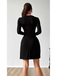 Vestido Manga Larga Corto Casual Sencillo Suave Poliester Mujer Joven Juvenil Primavera Verano Diario Oficina Casa Jardin Viaje Fresca Suave Sexy - Negro - Ver 2