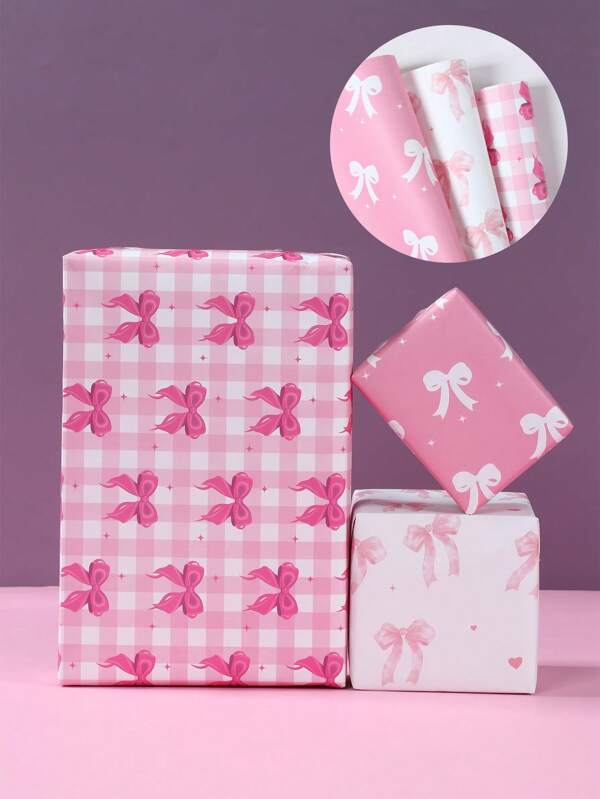 3/6pcs 50*70cm Mixed Pink Bow Style Gift Wrapping Paper, Pink Bow Pattern Happy Birthday Gift Wrapping Paper Decoration, Gift Wrapping Supplies, Suitable For Birthday Babe Shower Party Room Table Gift Packaging Decoration, Festival Party Gifts Favor