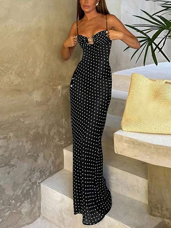 A Full-Body Polka Dot Printed Summer Dress With Strappy Tops