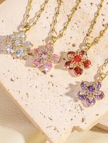 1pc Cubic Zirconia Decorated Flower Pendant Necklace - Gold - View 8
