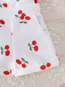 2 件套女婴可爱短袖连体衣 + 围兜裤套装，夏季薄款面料 - 酒紅色 - 查看 7