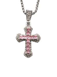 1pc Fully Rhinestone-Encrusted Cross Pendant Necklace, New Cubic Zirconia Hiphop Style Personalized Sweater Chain - Pink - View 5