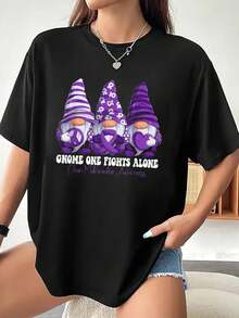 100% Cotton Chiari Malformation Awareness Month Purple Ribbon Gnomies T-Shirt - Black - View 1