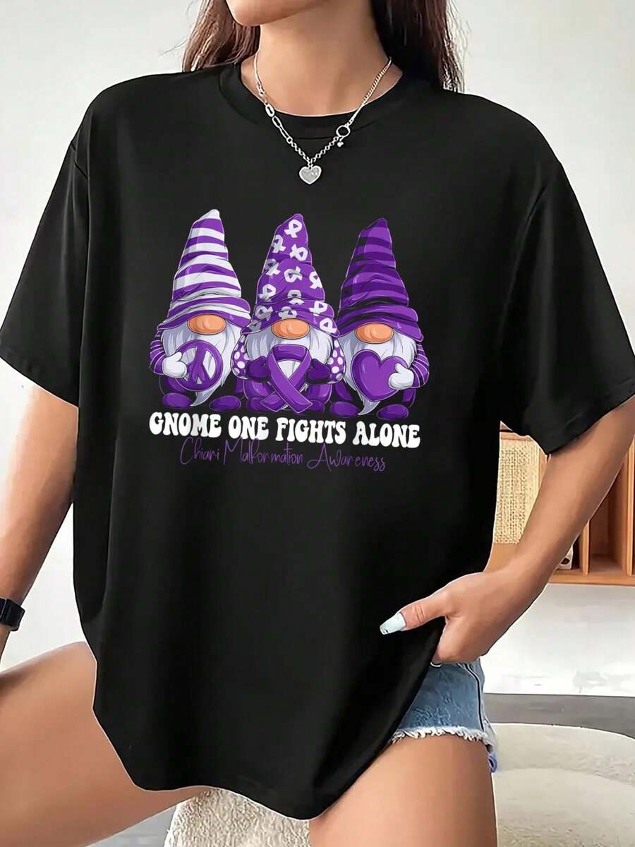 100% Cotton Chiari Malformation Awareness Month Purple Ribbon Gnomies T-Shirt - Black - View 1