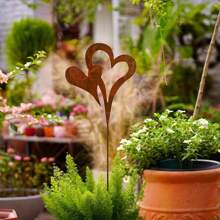 1PC Rusty Heart-Shaped Garden Stake, Metal Garden Decor, Wedding Valentine'S Day Decorations, Rust-Colored Double Hearts Garden Stakes For Flower Pots Lawns Courtyards, Spring Summer Decorations