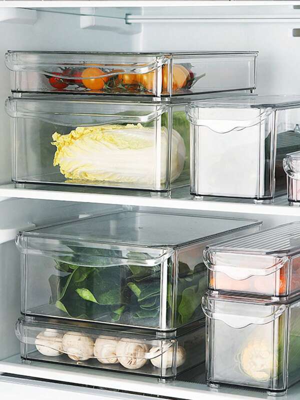 1pc Stackable Refrigerator Storage Box With Lid, Transparent Drawer Divider Organizer For Refrigerator, Kitchen, Drinks