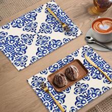 1 pieza Tapete de mesa con estampado floral retro azul, 4 piezas Individuales con estampado floral retro, adecuados para festivales, fiestas, cumpleaños, cenas, decoración de cocina y comedor, decoración del hogar y la habitación para todas las estaciones