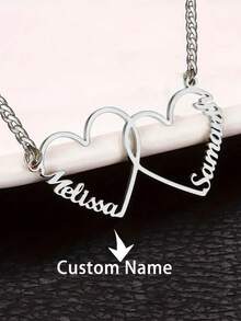 1pc Personalized Name Necklace, Can Customize 1-5 Names, Multi Heart Pendant Necklace, Family English Name Necklace, Men's Stainless Steel Cuban Chain Necklace, Romantic Personalized Font Pendant Necklace, Valentine's Day Gift, Classic Elegant, Suitable For Family, Best Friends, Mother's Day Gift - Silver 2 - View 1