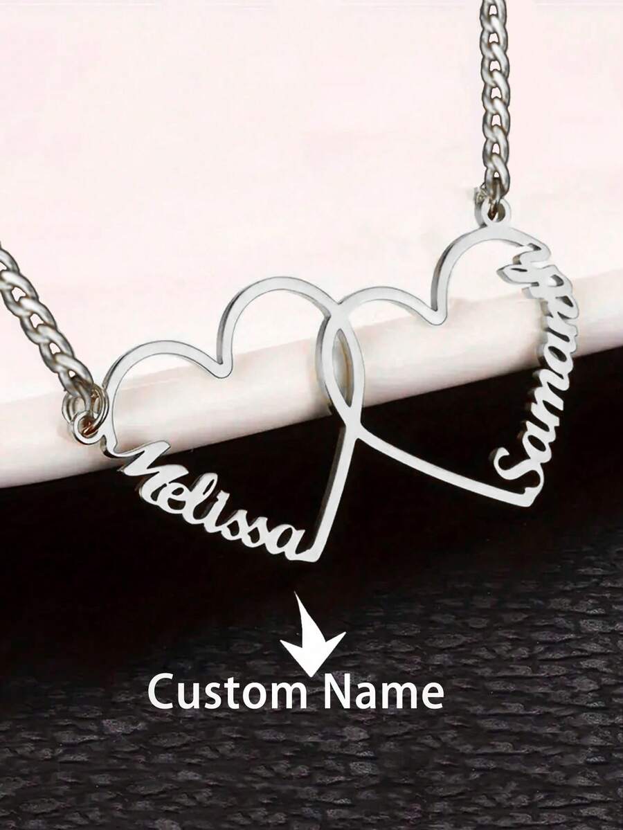 1pc Personalized Name Necklace, Can Customize 1-5 Names, Multi Heart Pendant Necklace, Family English Name Necklace, Men's Stainless Steel Cuban Chain Necklace, Romantic Personalized Font Pendant Necklace, Valentine's Day Gift, Classic Elegant, Suitable For Family, Best Friends, Mother's Day Gift - Silver 2 - View 1